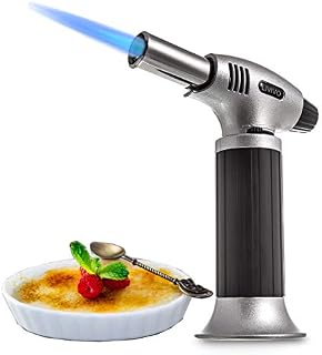 FiNeWaY Refillable Blow Torch Lighter Kitchen Butane Culinary Torch Chef Cooking Torch with Adjustable Flame Lighter and with Safety Lock  Ideal for DIY, Creme, Brulee, BBQ and Baking  Silver/Black