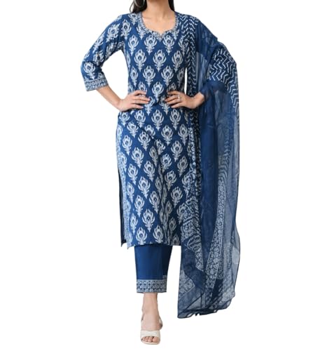 Kurta bleu imprimé vêtement ethnique femme avec pantalon Dupatta
