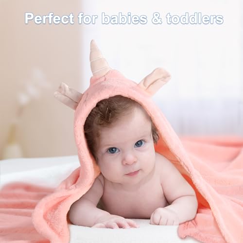 Image of Toddler Towels with Hood for Girls,Soft Premium Coral Fleece Girl Bath Towel-Ultra Absorbent for Baby Cozy and Warm-Bath Essential for Newborn, Infant and Children, Pink Unicorn