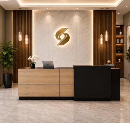 Image of Luxury Modern Reception Desk for Office, Salon & Clinic | Front Reception Counter Table with Storage | Particle Board Reception Furniture - (RCT-024 LPB L5W2)