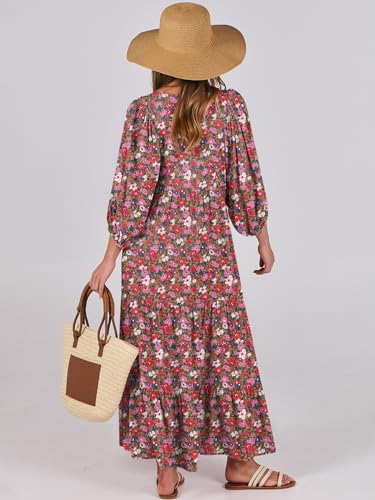 Image of ANRABESS Womens Boho Floral 3 /4 Puff Sleeve Maxi Dress