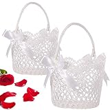 WILLBOND 2 Pieces Flower Girl Basket for Wedding Small White Basket with Handle for Wedding Girls Flower Petals Confetti 5.90 x 4.72 x 4.33 Inch(Silk Ribbon Bowknot)