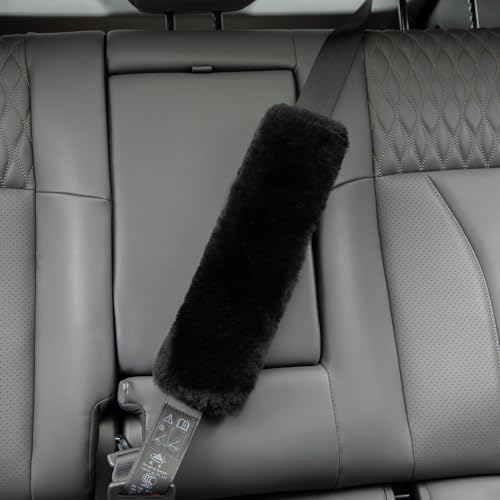 ROYAGO 2pc Soft Genuine Sheepskin Wool Auto Seat Belt Cover Seatbelt Shoulder Pad for a More Comfortable Driving, Compatible with All Cars(Black)