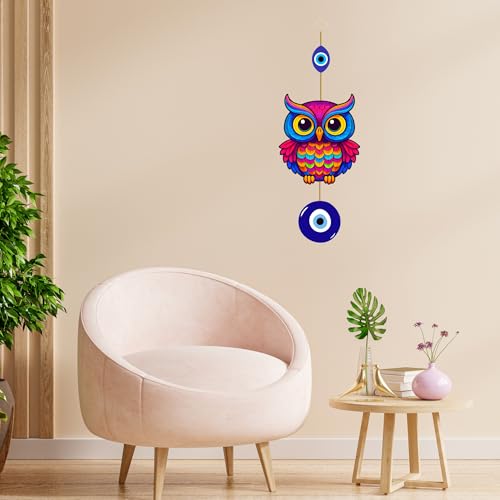 Image of Genxtra Colorful Owl Evil Eye Wall Hanging - Vibrant MDF Decorative Art for Home, Living Room & Balcony | Protection & Positive Energy Wall Decor