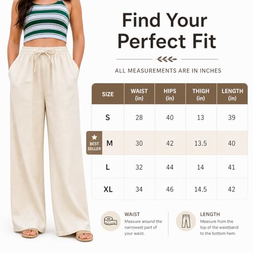 Image of Women Linen Wide Leg Pants High Waist Drawstring Elastic Waist Trousers Breathable Lightweight Summer Palazzo Pants Casual Travel Lounge Wear with Pockets