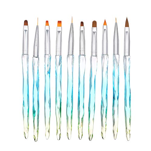 10pcs Acrylic Nail Brush Set, Gradient Color Handle with Protective Cap UV Gel Nail Builder Brush (Blue)