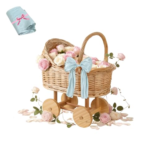 Woven rattan baby stroller baskets, vintage rattan flower cart, wedding and gift decorations, pushcart-style decorative flower stands (12 in)