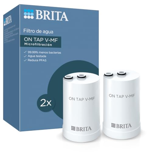 BRITA ON TAP V-MF filtro agua de recambio para sistemas ON TAP y ON TAP PRO | 2x cartucho de recambio original (600L) reduce 99,999% de bacterias, PFAS, cloro, micropartículas y metales