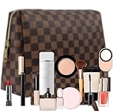 BAGCRAZY Checkered Makeup Bag Set, Elegant Travel Cosmetic Bag 2 Pack, Waterproof PU Leather Makeup Organizer with Zipper for Women