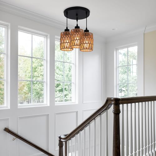 Oninio 3-Light Rattan Pendant Light Fixtures, Industrial Brown Hanging Lighting, Adjustable Woven Wicker Chandelier, Farmhouse Basket Ceiling Lamp for Kitchen Island Dining Room Bedroom Foyer Hallway