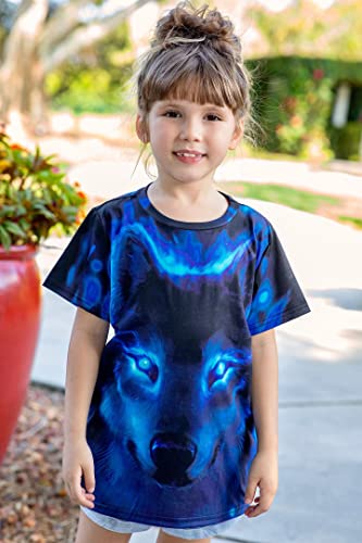 Funnycokid Boys Shirts Size 6 8 Neon Blue Wolf Short Sleeve Animal Print Tees Cool Kids Graphic T-Shirt Novelty Casual Summer Tops 6-8 Years #TOP3
