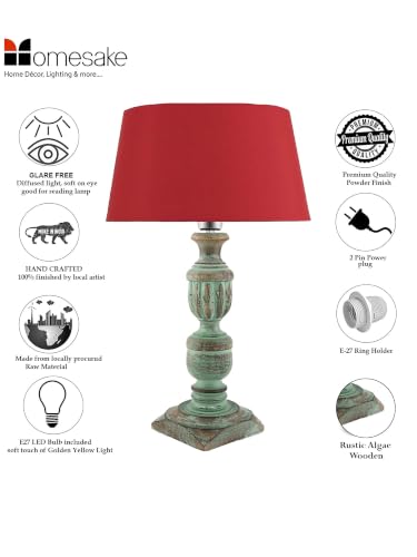 Image of Homesake Handcrafted Wooden Table Lamp for Living Room & Bedroom | Bedside Table Lamp with Fabric Shade|Included Bulb|Rustic Algae French Trophy Wood, Decorative Night Lamp for Home Decor, Red