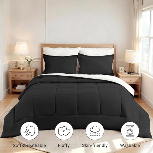 KACEMOO Black Comforter Set Queen Size, 3 Pieces Ultra Soft Lightweight Microfiber Bed Comforter, All Seasons Down Alternative Bedding Comforter Set - Image 3