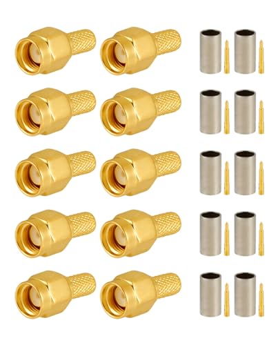 Vecys 10 PCS SMA Connectors SMA Male Crimp Connector for RG58 RG142 RG400 VLMR195 RF Coax Cable, Gold, SMA Male for RG58/RG400 - Image 2