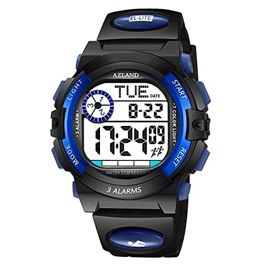 AZLAND Updated Version Added Three Alarms - Multifunctional Waterproof Boys Girls Watch Digital Sports Kids Watches,Dark Blue