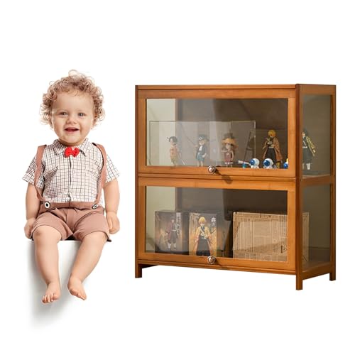 ボックス フィギュアケース ディスプレイ 透明 人形ケース フィギュアディスプレイスタンド ホビー コレクション 竹枠 アクリル フリップトップ収納キャビネット コレクターアイテム 車のモデル 小さな像 ブラウン-80×33×73cm(2層)