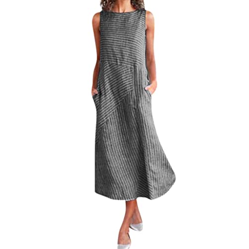AMDOLE Leinenkleider für Damen, lässiger Ausschnitt, Kleid, gestreift, lang, bedruckt, Tasche, ärmellos, Damenkleid, Sommerkleider für Damen,...