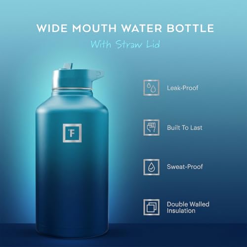 Image of IRON FLASK Camping & Hiking Hydration Flask with Straw, Wide Mouth Insulated Stainless Steel Sports Water Bottle - Dark Night 64 oz - Straw (1 Lid)