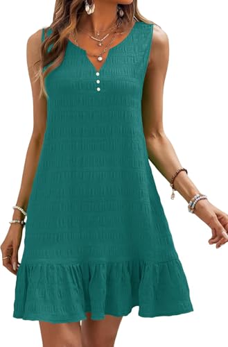 SAUKOLE Sleeveless Tshirt Dresses for Women Casual Fashion Ruffle Hem V Neck Dress Summer Sundress with Pockets