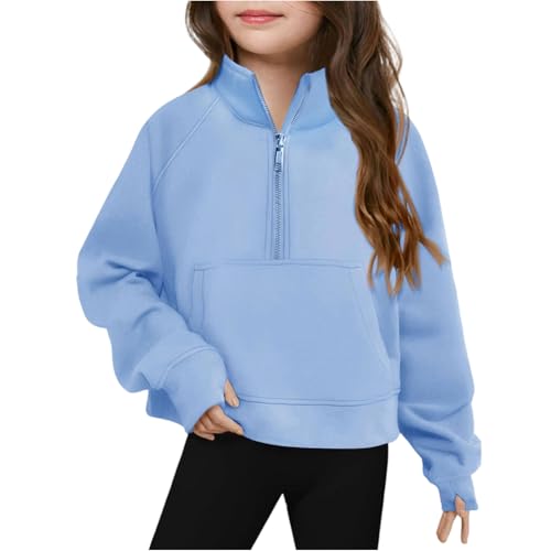 Half Zip Boys Sweatshirts Fashion Fall Fleece Pullover Cute Tops For Teens Long Sleeve Bohemian White Sweatshirt Kids With Pockets Solid Half Zip Up Outfits Thumb Hole Light Blue 110