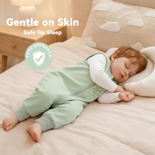Image of Chilsuessy Toddler Sleep Sack with Feet 3-4 T, 1.0 TOG Cotton Baby Wearable Blanket with Legs, Sleep Bag Walker with 2-Way Zipper, Light Green