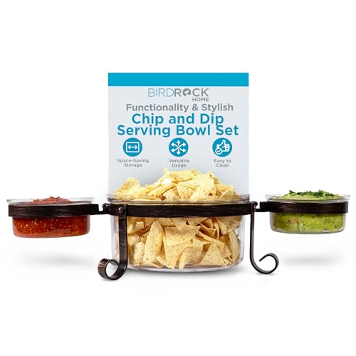 BIRDROCK HOME Chip and Dip Serving Bowl Set - Triple Glass Bowls with Metal Frame - For Party Appetizers, Taco Platter, Durable, Stylish Serveware with Compact Storage - Clear Glass, Black Frame