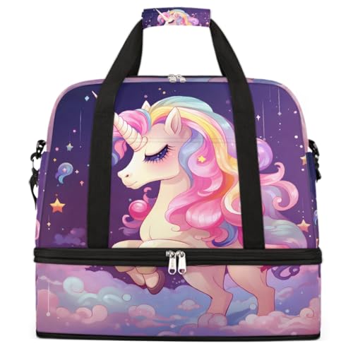 Sports Gym Bag Cute Purple Rainbow Unicorn Large Travel Duffel Bag With Shoe Compartment Foldable Waterproof Carry-On Weekend Travel Bags for Camping Overnight Yoga Hospital Travel Bags