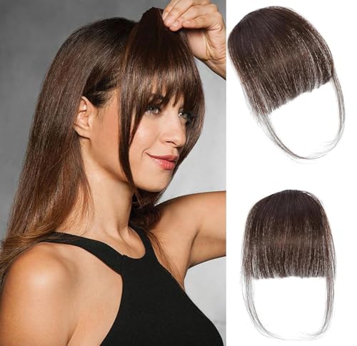 MYMYDA Clip in Bangs 100% Real Human Hair Extensions Clip on Wispy Bangs for Women Fringe with Temples Hairpieces Dark Brown Color