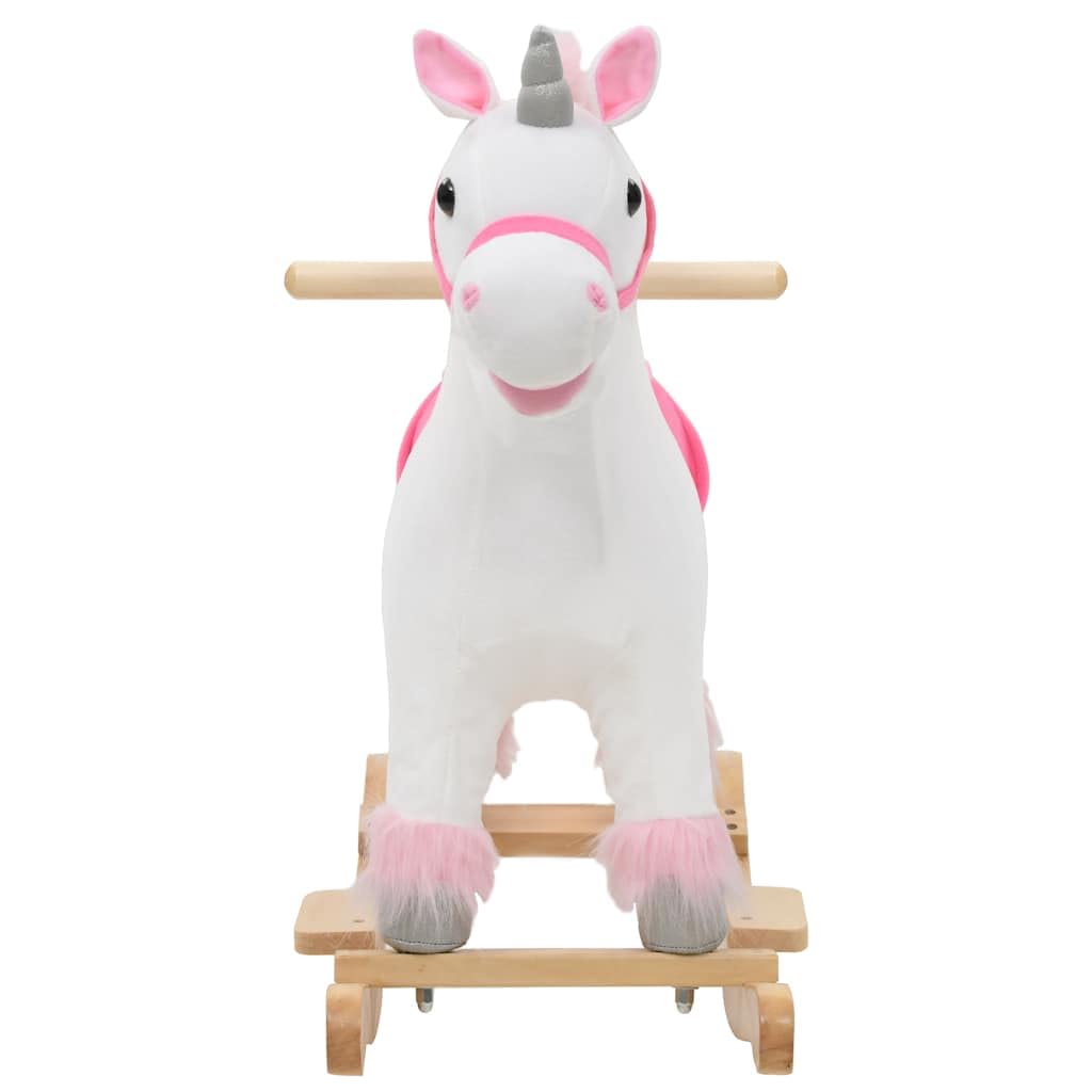 Cheval à bascule licorne en peluche avec socle en bois, 65 x 32 x 58