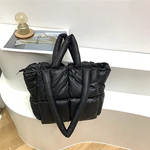 Women Large Quilted Space Tote Bag Soft Padded Down Winter Puffer Handbag Nylon Pillow Shopper Shoulder Bag Black #TOP5