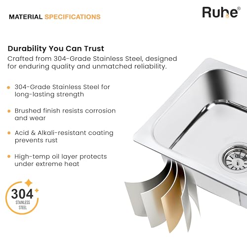 Image of Ruhe Hydraulic Square Single Bowl Kitchen Sink - 15x12x6 inches | 304-Grade Stainless Steel Sink with Glossy Finish | Kitchen Sink Including Coupling and Waste Pipe