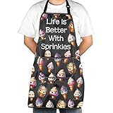 JXGZSO Sweet Ice Cream Lover Apron - Life Is Better With Sprinkles - Unisex Adult - Kitchen Apron - Polyester/Waterproof - Cartoon Pattern - 2 Pockets - Machine Wash - Casual Style - 72cm x 68cm