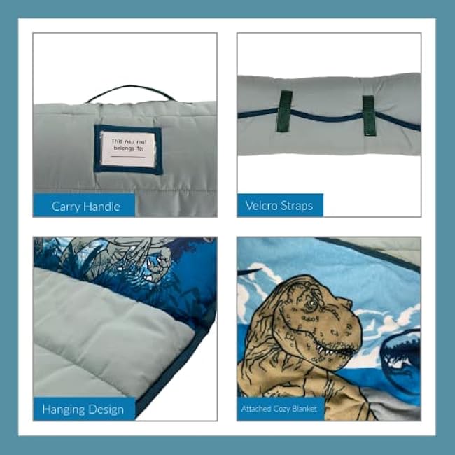 Jurassic World 24(W) X 45(L) Soft Toddler Nap Mat with Pillow and Blanket Perfect for Preschool, Daycare, and Travel (100% Official Licensed Product)