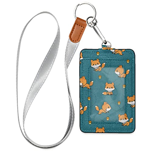 VIKKO Badge Holder, PU Leather ID Card Case Wallet with Neck Lanyard and Key Ring (Fox)