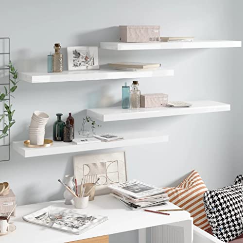 Elegante juego de 4 estantes flotantes con soportes ocultos, ideal para dormitorio, baño, sala de estar, diseño moderno para libros, plantas y decoración, acabado blanco brillante, 90 cm