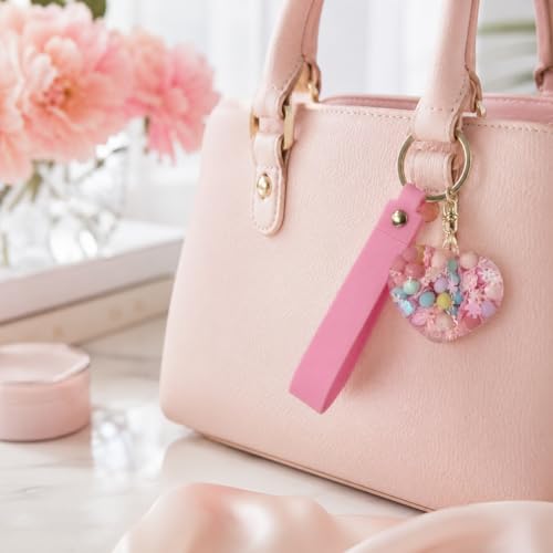 Image of Wanna Party Heart Shaped Beads Keychain with Pink Wrist Strap, Cute Bag Charm Key Ring for Girls, Backpack Accessories, Birthday Return Gifts, Party Favors, School Bag Decoration - 1PC