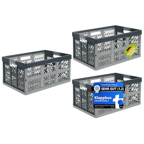 KiNDERWELT 3 x Profi - Klappbox 45 L bis 50 kg silber Faltbox Kunststoff Box Kiste
