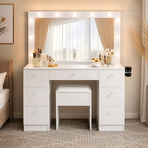 Naomi Home Vera 46” Vanity Set with Mirror, Stool & 11 LED Lights, Makeup Table with 7 Drawers, 3 Lighting Modes with Adjustable Brightness, Dressing Table with Premium Crystal Knobs for Bedroom