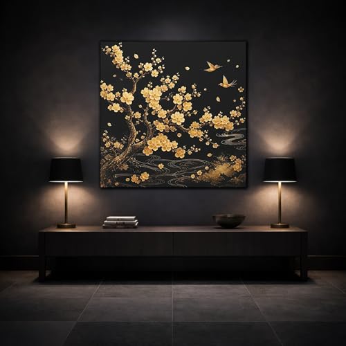 Tableau toile arbre en fleurs noir et or petit format carré 15x15