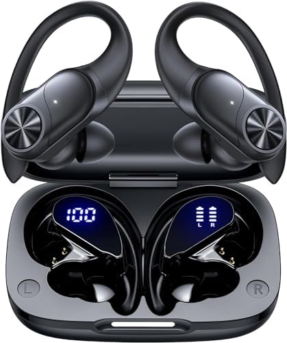 Wireless Earbuds, 2024 Bluetooth Earphones 80Hour Playtime Wireless Charging Case Digital Display Sports Ear buds, IPX7 Waterproof Earhook In-Ear Headphones for Phone Laptop Smartwatches