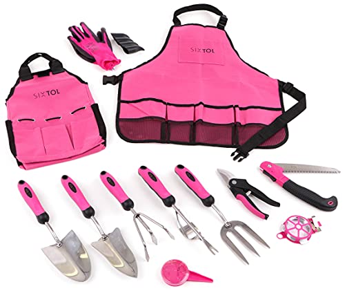 SIXTOL Garden PINK 12 Gartenwerkzeug Set | 12 STK. Garten Zubehör aus Edelstahl | Gartenschürze als Geschenk Frauen | Für Gärtner | Gartengeräte mit Aufbewahrungstasche | Blumenschere, Gartenkralle