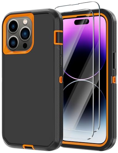 Annymall for iPhone 14 Pro Max Case with 2 Screen Protector,Heavy Duty Shockproof Drop Protection Rugged 3-Layer Military Tough Durable Protective Cover for Apple iPhone 14 Pro Max6.7 (Black/Orange)