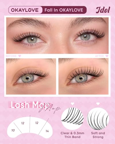OKAYLOVE Idol Lashes Clusters Kit Clear Band Eyelash Clusters Kit CC Curl 9-16mm Natural Cluster Eyelash Extensions DIY Wispy Individual Lashes with Bond and Seal, Tweezers for Korean Makeup - Image 3