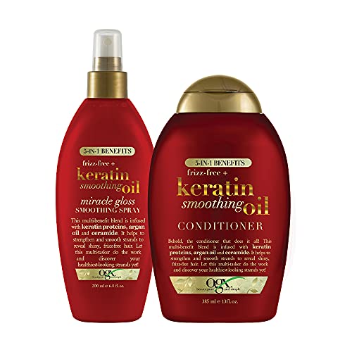 Frizz-Free + Keratin Smoothing Oil Conditioner, 5 In 1, For Frizzy Hair, Shiny Hair With Frizz-Free + Keratin Smoothing Oil Miracle Gloss Spray, 5 In 1, De-Frizz Hair, Shiny Hair, Keratin, Argan Oil #TOP16