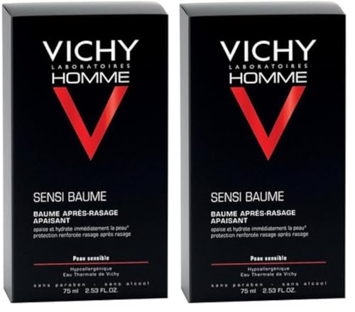 Vichy Homme, Baume Après-Rasage Apaisant, Confort, Anti-Irritations, Enrichi en Calcium & Eau Thermale, Pour Peaux Sensibles, 75 ml (Lot de 2)