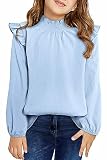 blibean Girl Fall Blouse Ruffle Long Sleeve Tops Tween Kid Solid Tee Shirt Casual Semi Formal Western Outfit Spring Fashion Party Clothes Size 14 16 Year Old Light Blue