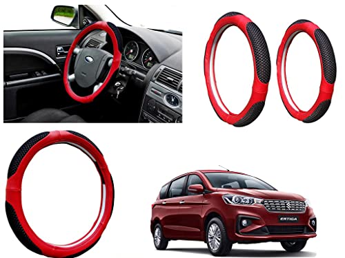 Image of Microfiber Car Steering Wheel Cover, Soft Padding Great Hand Feel, Anti-Slip, Faux Leather Steering Cover for Maruti Suzuki Ertiga 2018 | Black Red Jali - Pack of 1