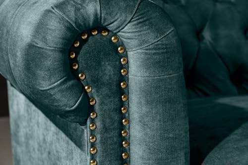 Riess Ambiente Chesterfield 3er Sofa 205cm Petrol Samt Goldnieten Federkern Loungesofa – Bild 6