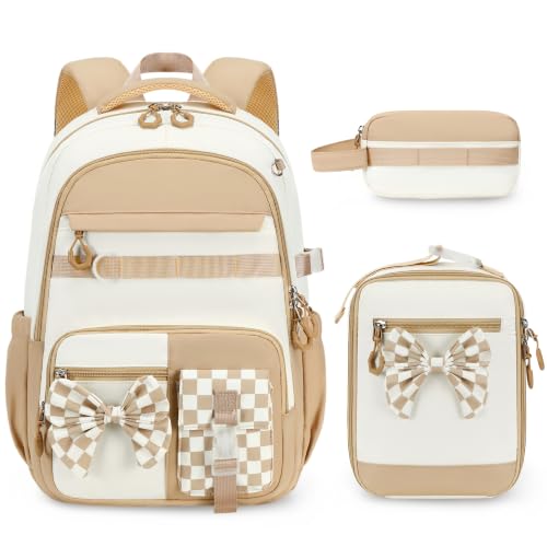 LEDAOU Schulrucksack Mädchen mit Laptopfach 15,6 Zoll, Schulranzen Set (Beige-Braun)