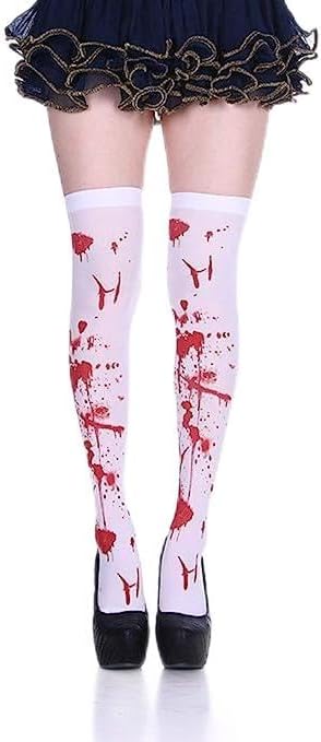Halloween Knee High Socks Blood Splattered Costume & Dress Up Stockings Zombie Tights Nurse Bloody Costume for Women Girls,White